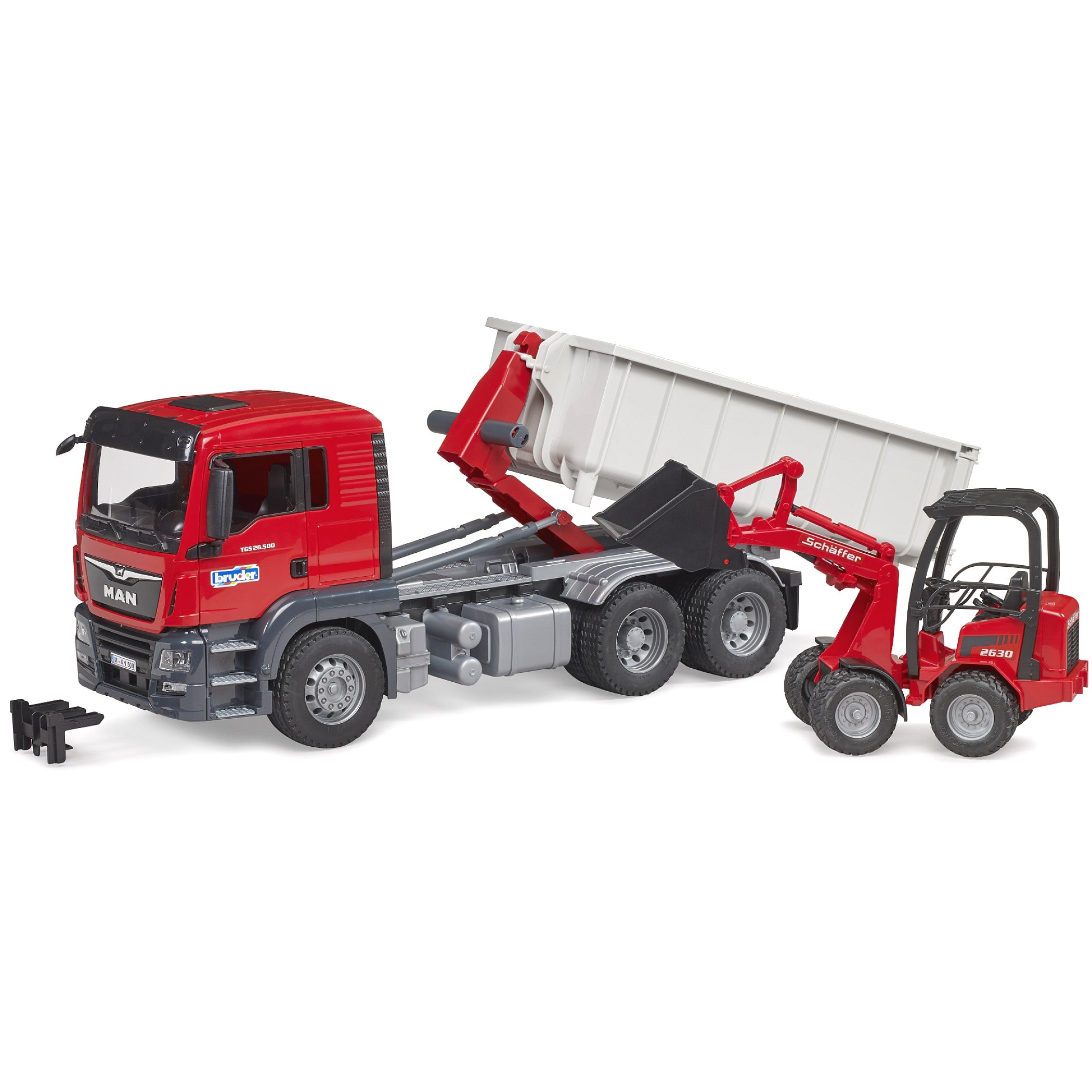 Bruder - MAN TGS Truck With roll-off Container and Schaffer Yard Loader Scale 1:16