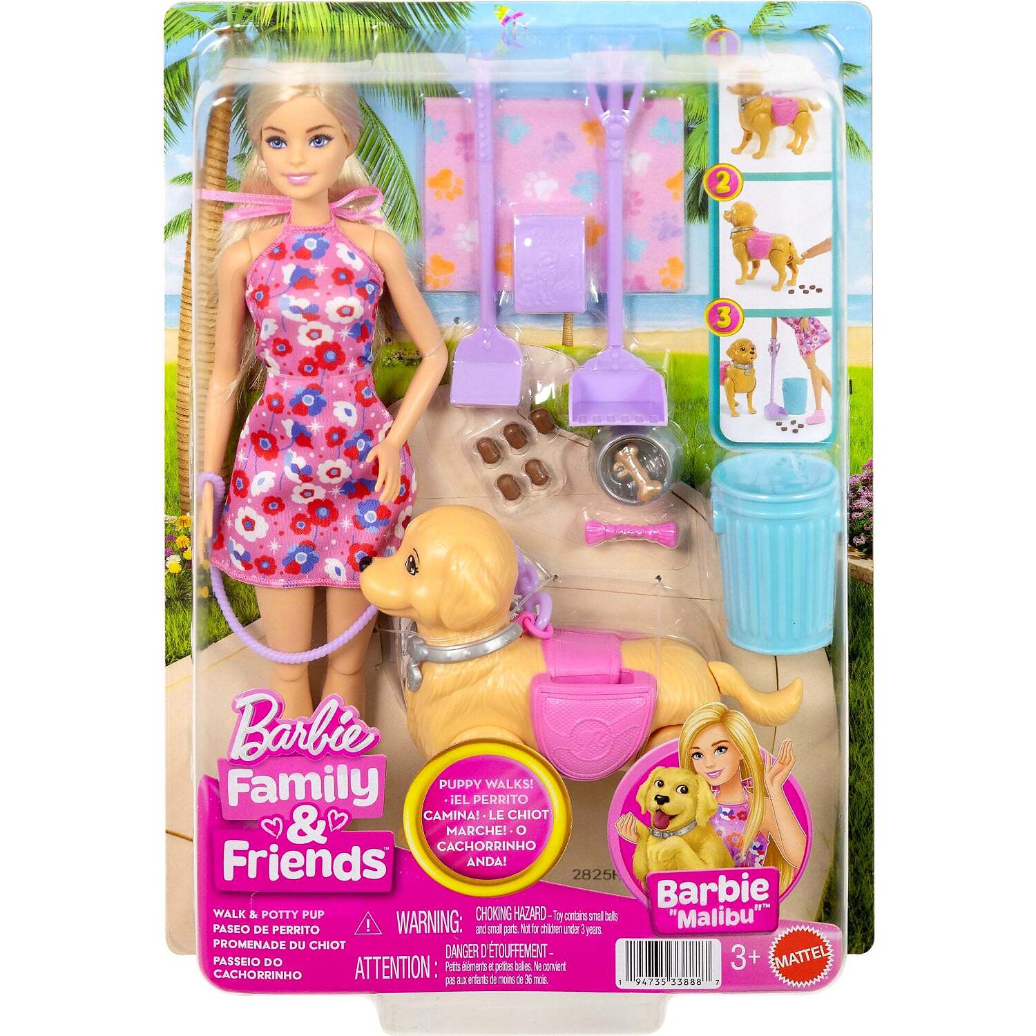 Barbie - Family & Friends Barbie Malibu Walk & Potty Puppy Doll - Mattel
