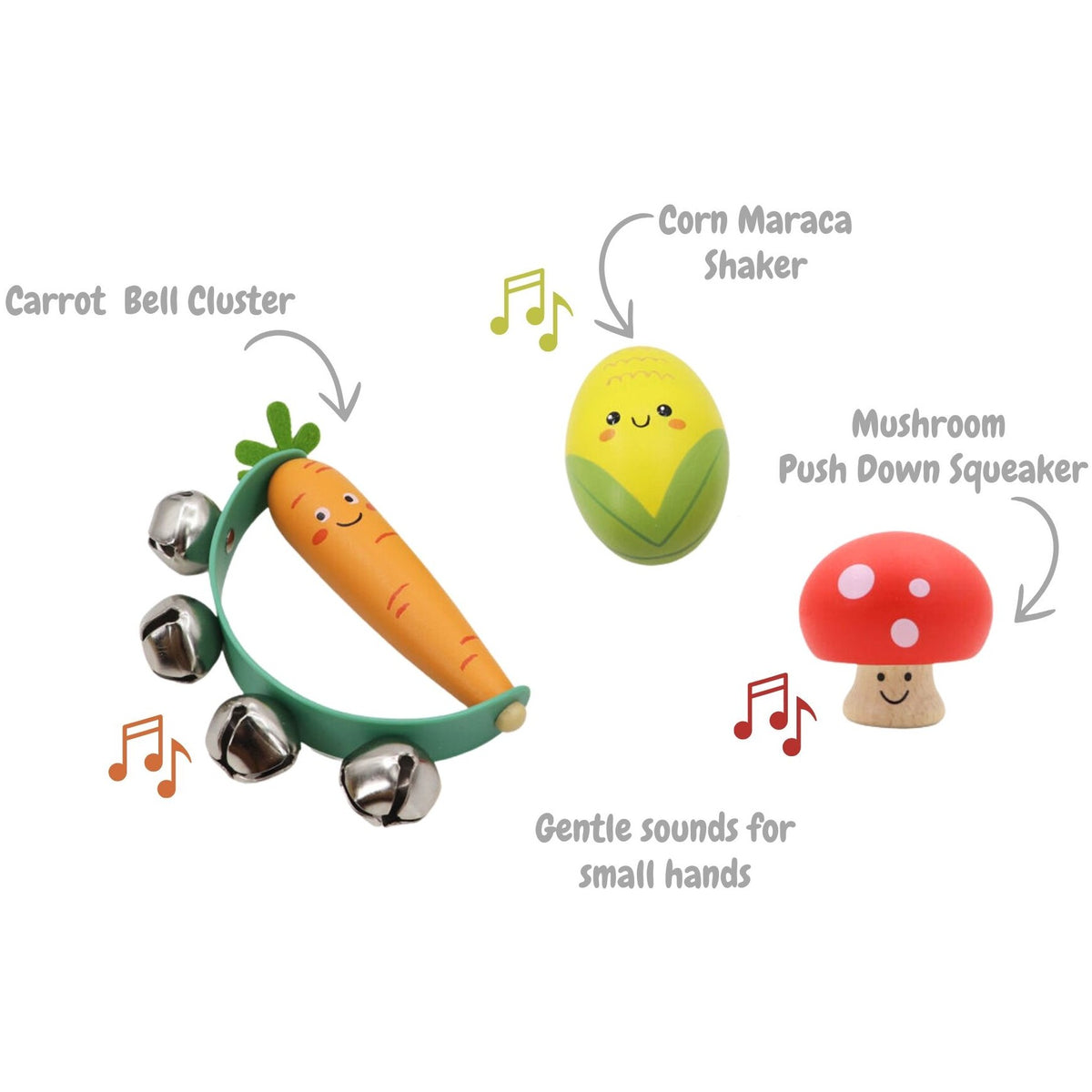 Kaper Kidz - Wooden Veggie 3pcs Musical Set Carrot Mushroom & Corn
