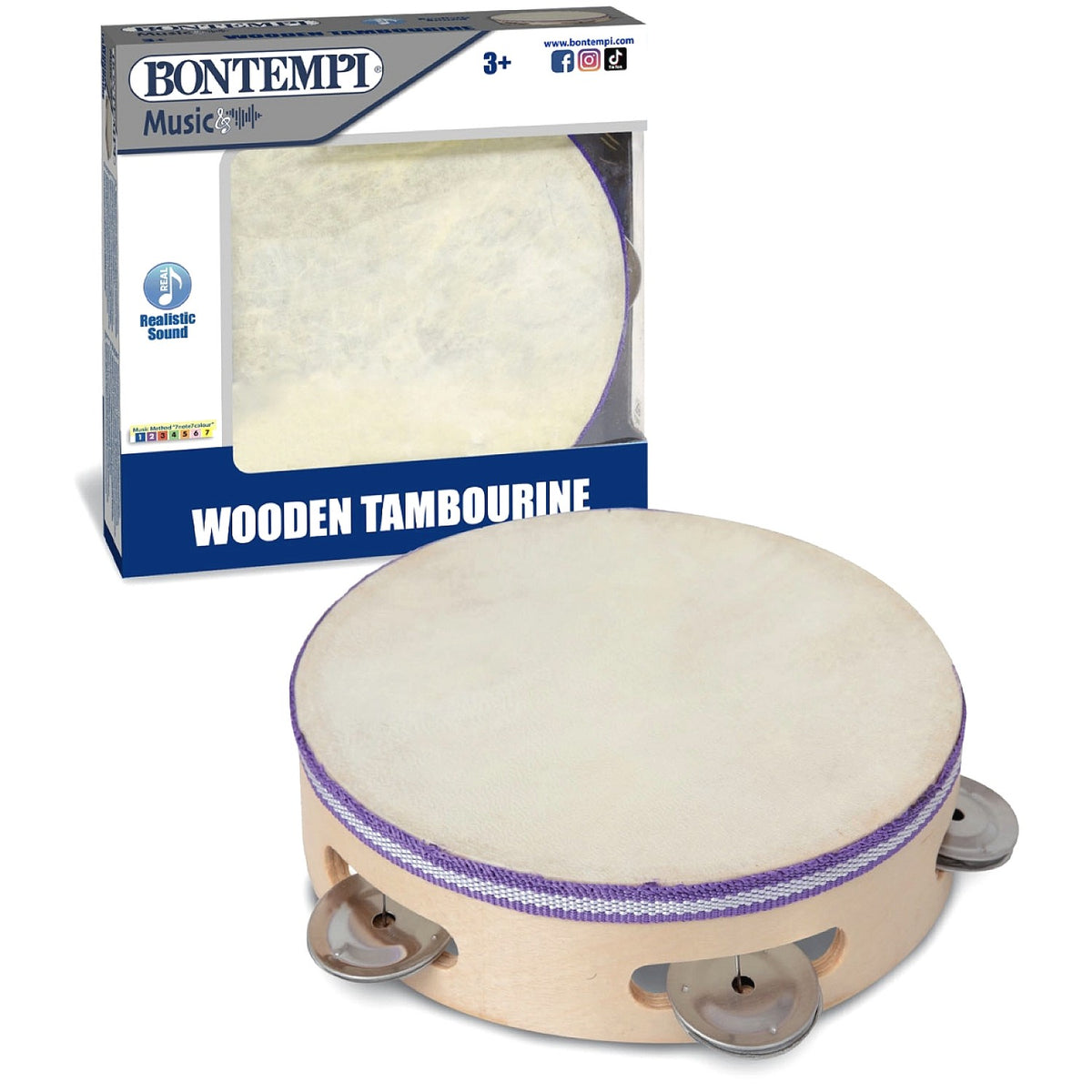 Bontempi - Wooden Tambourine with Natural Membrane 19cm Toy Musical Instrument