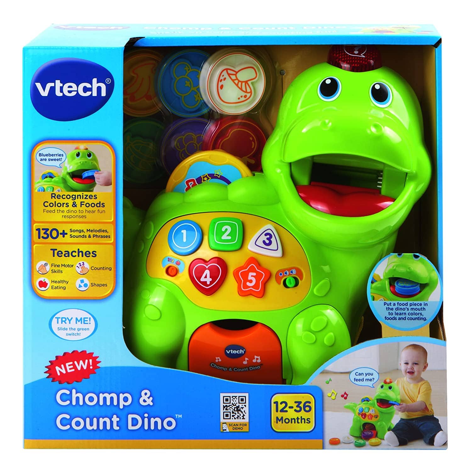 VTech - Baby Feed Me Dino Musical Toy With Numbers Music Shapes And Interactive Lights Vtec