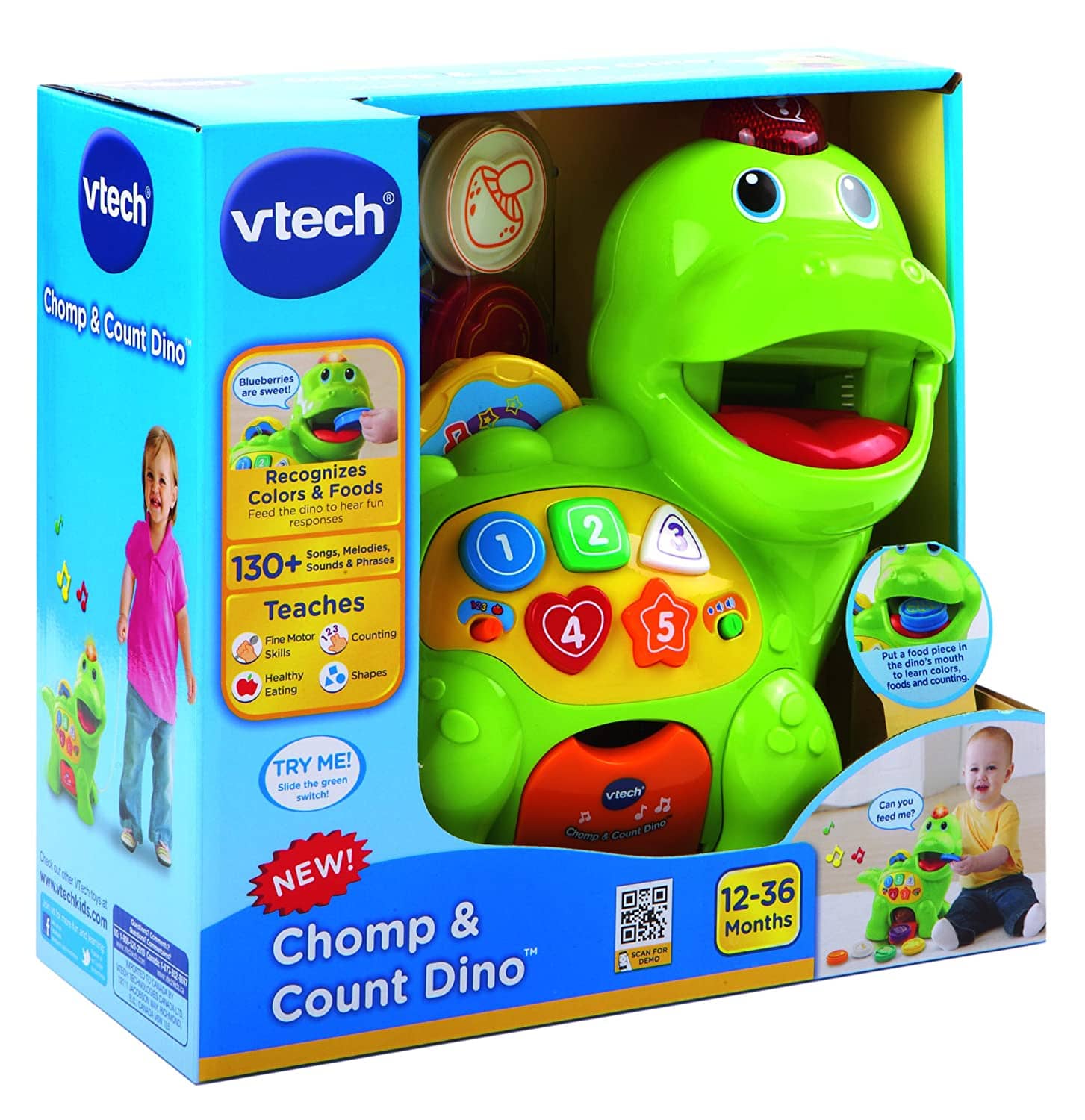 VTech - Baby Feed Me Dino Musical Toy With Numbers Music Shapes And Interactive Lights Vtec