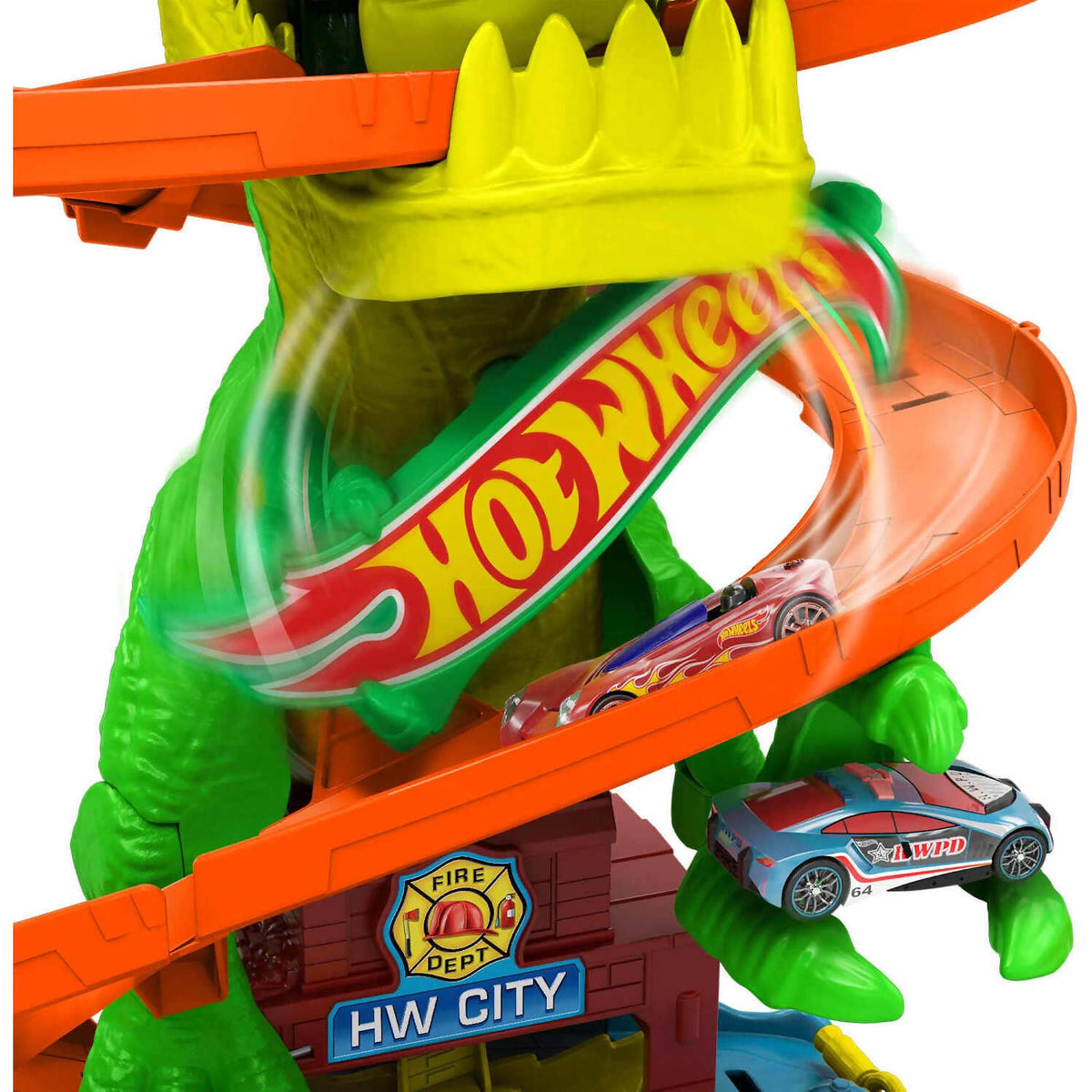 Hot Wheels - City T-rex Blaze Battle Playset & 1:64 Scale Die-cast Car Dinosaur Nemesis