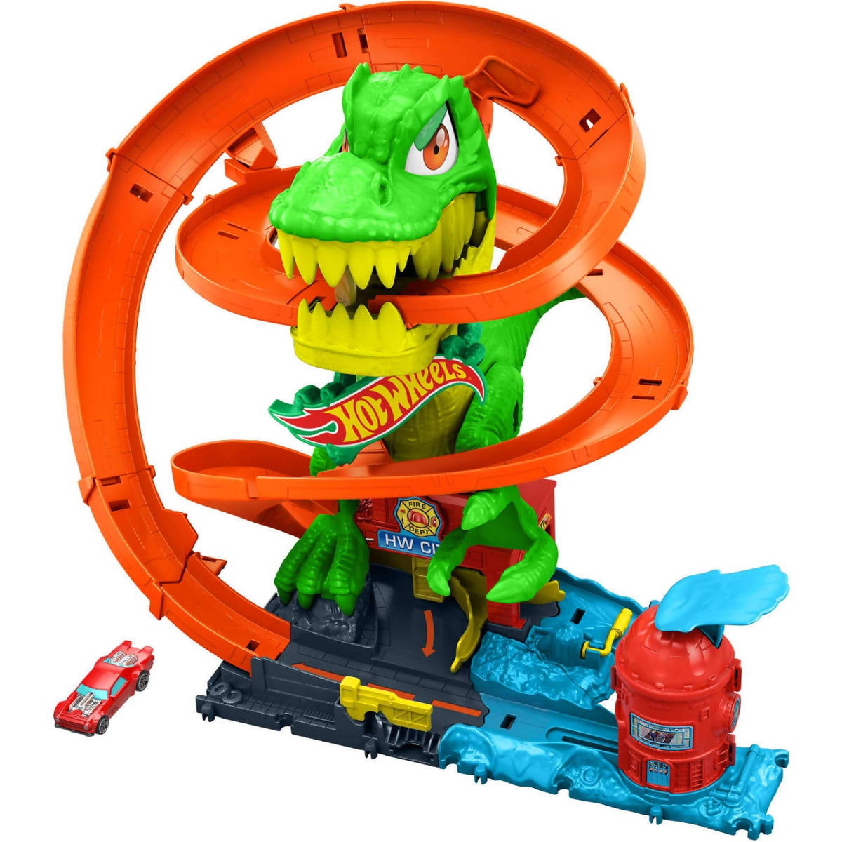 Hot Wheels - City T-rex Blaze Battle Playset & 1:64 Scale Die-cast Car Dinosaur Nemesis